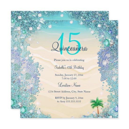 Quinceanera Teal Blue Sand Ocean Beach Birthday