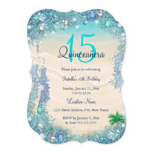 Quinceanera Teal Blue Sand Ocean Beach Birthday