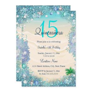 Quinceanera Teal Blue Sand Ocean Beach Birthday