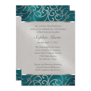 Quinceanera Teal Blue Silver Filigree Swirls
