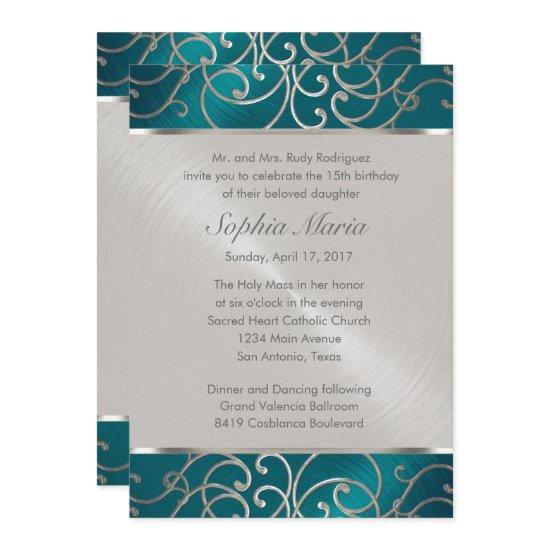 Quinceanera Teal Blue Silver Filigree Swirls