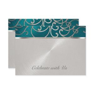 Quinceanera Teal Blue Silver Filigree Swirls RSVP Card