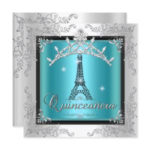 Quinceanera Teal Blue Silver Tiara Eiffel Tower
