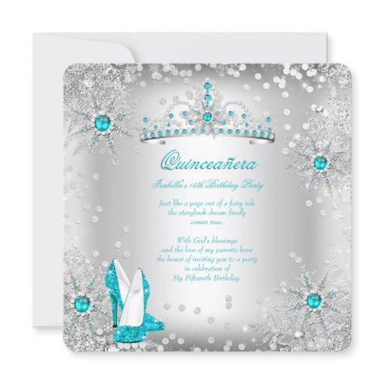 Quinceanera Teal Blue Silver Winter Wonderland