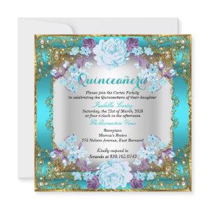 Quinceanera Teal Blue Vintage Country Floral Gold
