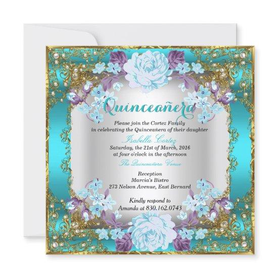 Quinceanera Teal Blue Vintage Country Floral Gold