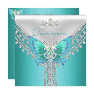 Quinceañera Teal Blue White Butterfly Diamond