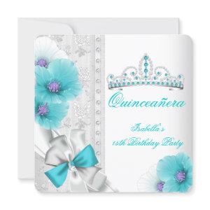 Quinceanera Teal Blue White Floral Diamond Tiara