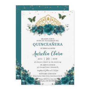Quinceañera Teal Cyan Floral Butterflies Crown