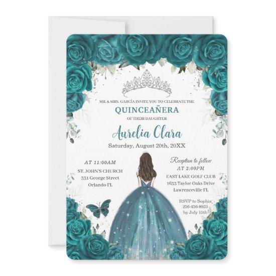 Quinceañera Teal Floral Butterflies Silver Tiara