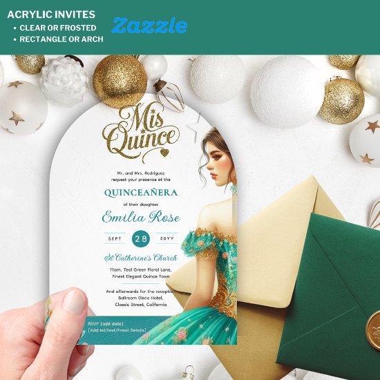 Quinceañera Teal Green Gold Mis Quince Dress Arch Acrylic