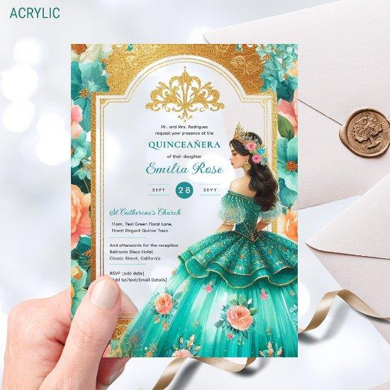 Quinceañera Teal Green Gold Mis Quince Flowers Acrylic
