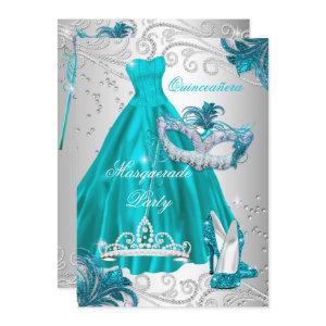 Quinceanera Teal Mask Silver Dress Masquerade Blue