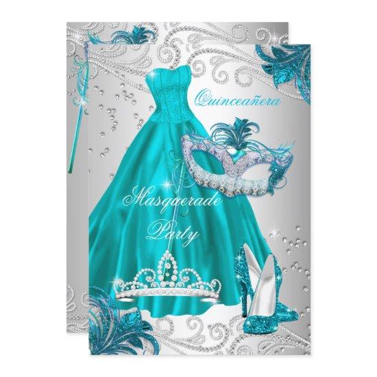 Quinceanera Teal Mask Silver Dress Masquerade Blue
