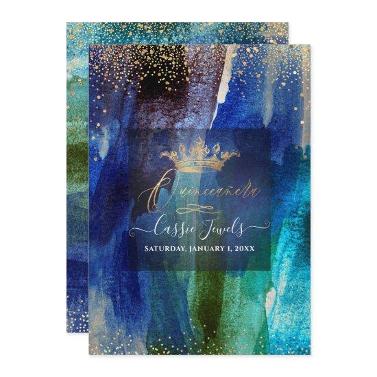 Quinceanera Teal Navy Blue Watercolor Brushstrokes