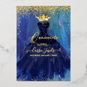 Quinceanera Teal Navy Blue Watercolor Gown Foil