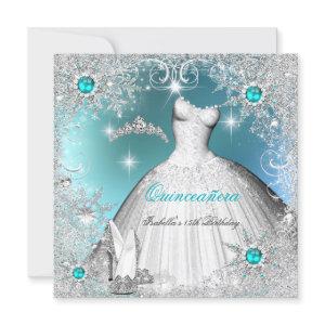 Quinceanera Teal Pearl Silver Winter Snowflakes