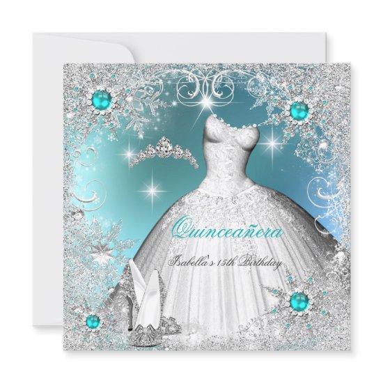 Quinceanera Teal Pearl Silver Winter Snowflakes