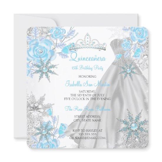 Quinceanera Teal Rose Winter Wonderland Snowflake