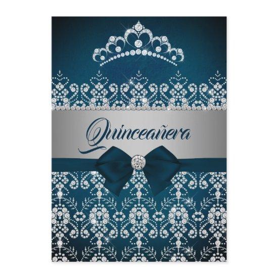 Quinceanera Teal Silver Sparkle Diamond Tiara Bow