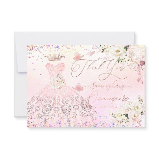 Quinceanera Thank You Blush Pink Glitter Gown Card