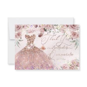 Quinceanera Thank You Dusty Rose Glitter Gown Card