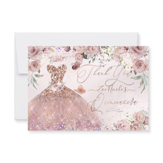 Quinceanera Thank You Dusty Rose Glitter Gown Card