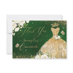 Quinceanera Thank You Green Gold Glitter Gown