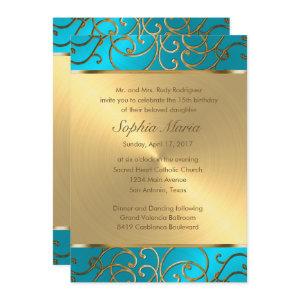Quinceanera Turquoise Blue and Gold Filigree Swirl