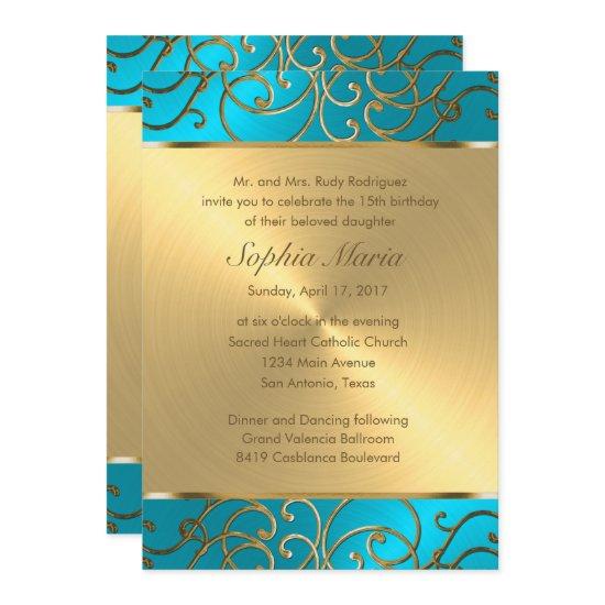 Quinceanera Turquoise Blue and Gold Filigree Swirl