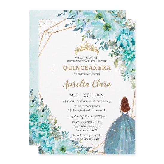Quinceañera Turquoise Blue Floral Auburn Princess