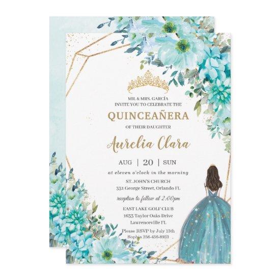 Quinceañera Turquoise Blue Floral Gold Princess