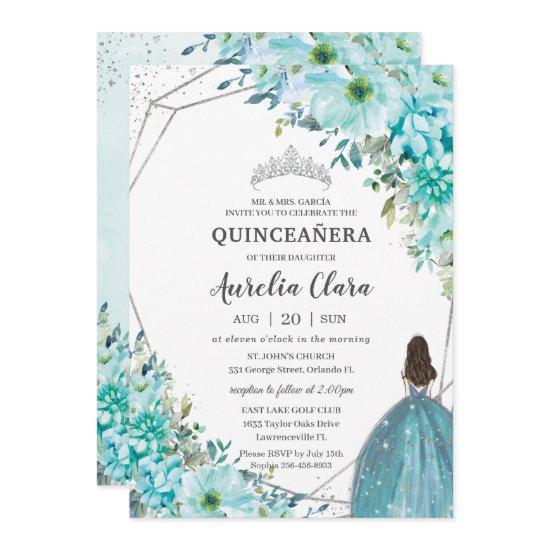 Quinceañera Turquoise Blue Floral Silver Princess