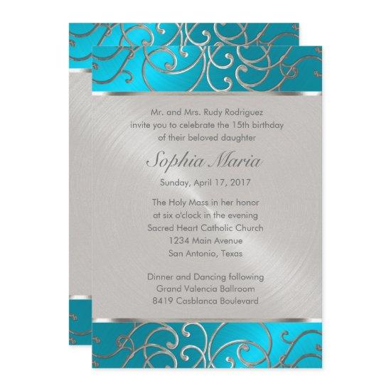 Quinceanera Turquoise Blue Silver Filigree Swirls