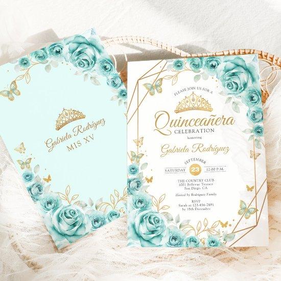 Quinceanera Turquoise Floral Gold