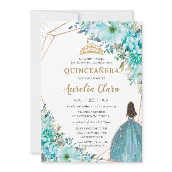 Quinceañera Turquoise Green Floral Gold Princess