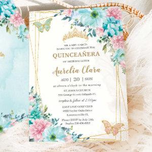 Quinceañera Turquoise Pink Floral Gold Butterflies