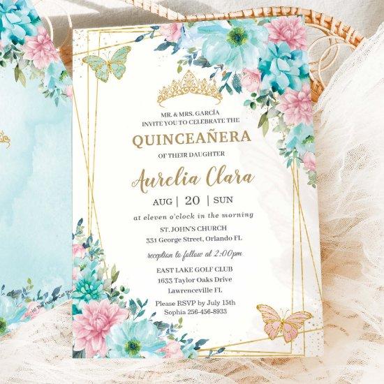 Quinceañera Turquoise Pink Floral Gold Butterflies