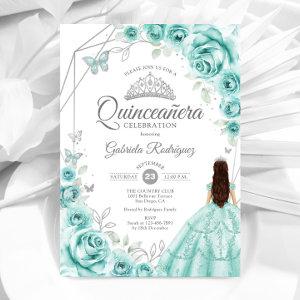 Quinceanera Turquoise Silver Dress Floral