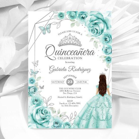 Quinceanera Turquoise Silver Dress Floral