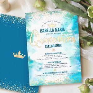 Quinceañera Turquoise Watercolor Crown Real Gold Foil