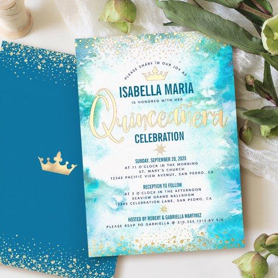 Quinceañera Turquoise Watercolor Crown Real Gold Foil
