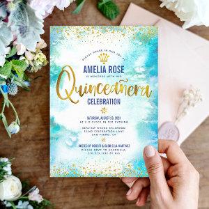 Quinceañera Turquoise Watercolor Gold Foil Chic