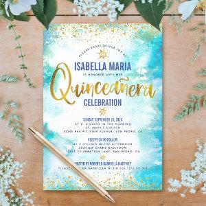 Quinceañera Turquoise Watercolor Gold Foil Elegant