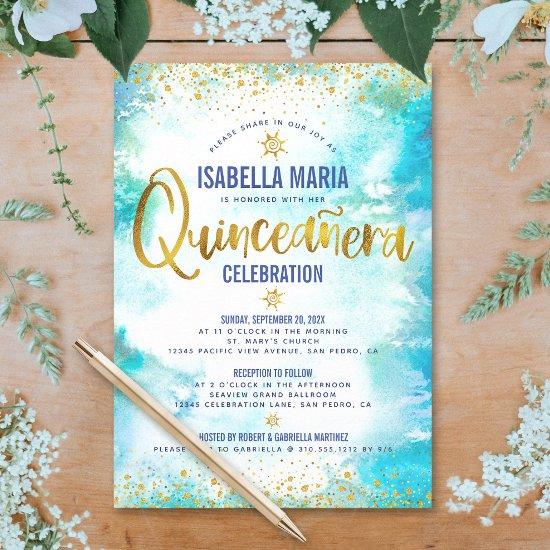 Quinceañera Turquoise Watercolor Gold Foil Elegant