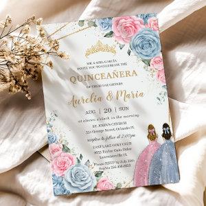 Quinceañera Twins Baby Blue Pink Floral Roses