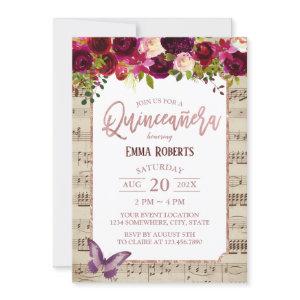 Quinceanera Vintage Burgundy Floral Music Birthday