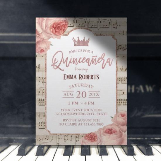 Quinceanera Vintage Rose Floral Music Birthday