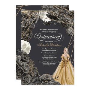 Quinceañera w Black Roses, Gold Gown, & Glitter In