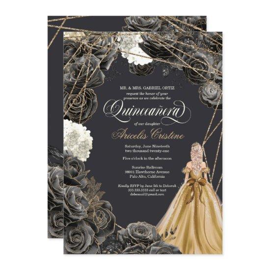 Quinceañera w Black Roses, Gold Gown, & Glitter In